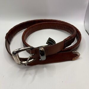Cole Haan Mens Woven Leather Belt Silver Buckle Size 42 105 Brown Casual Dress